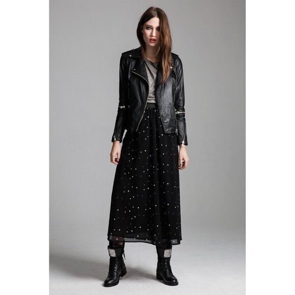 $219 SUPERTRASH Salvador BLACK Maxi Skirt ELASTIC Waistband SILVER Stars ( S )